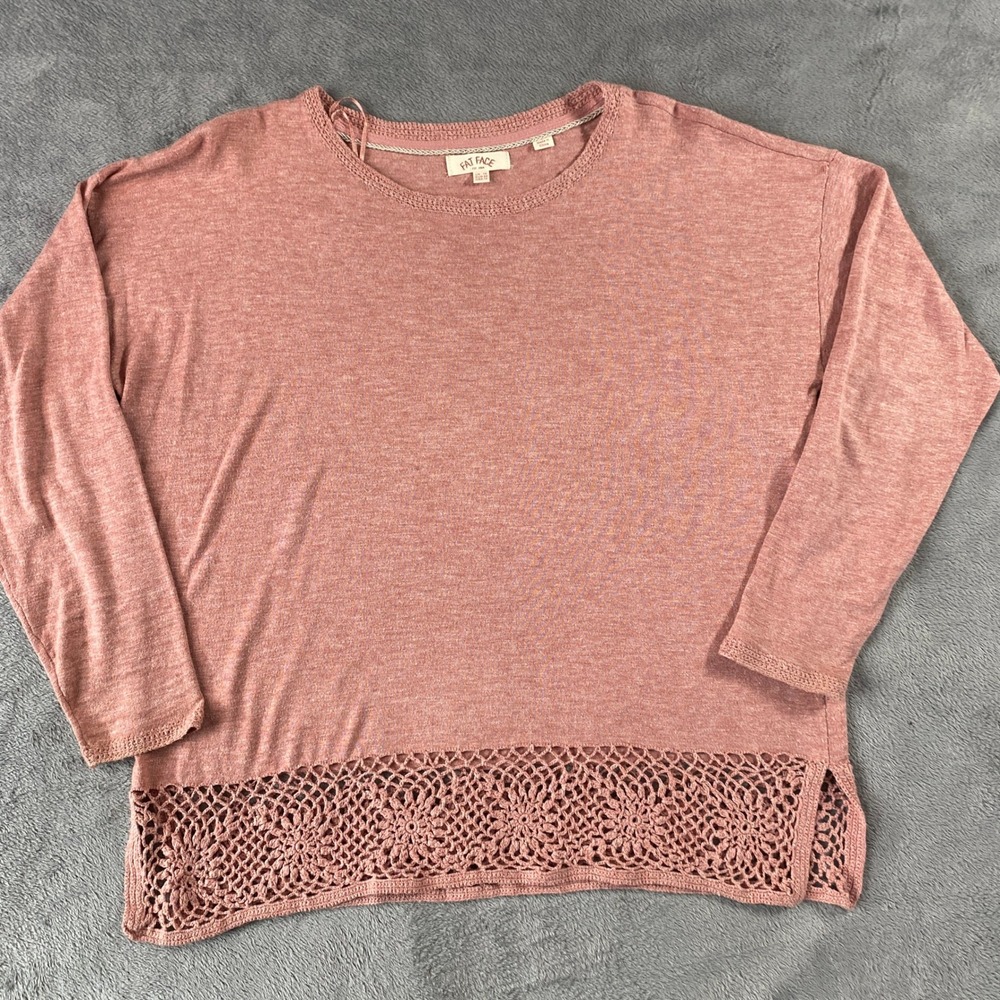 Fat Face Sweater Womens 12 Pink Blush Cotton Crochet Lace Hem Long Sleeve Top